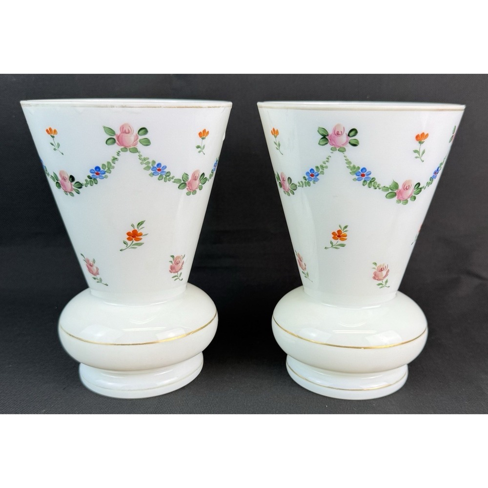 Lot Of 2 Vintage Czech White Porcelain Trumpet Style Vases Floral Pink Rose